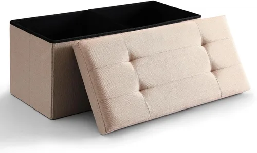 Miniatura 26 de Otomano de Almacenamiento Cúbico Pequeño, Reposapiés Plegable, Asiento Cuadrado, Otomano Acolchado de Lino Beige