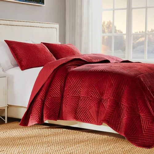 Miniatura 3 de Greenland Home Fashions Juego de edredón de terciopelo finamente cosido, 2 piezas, individual, rojo Riviera