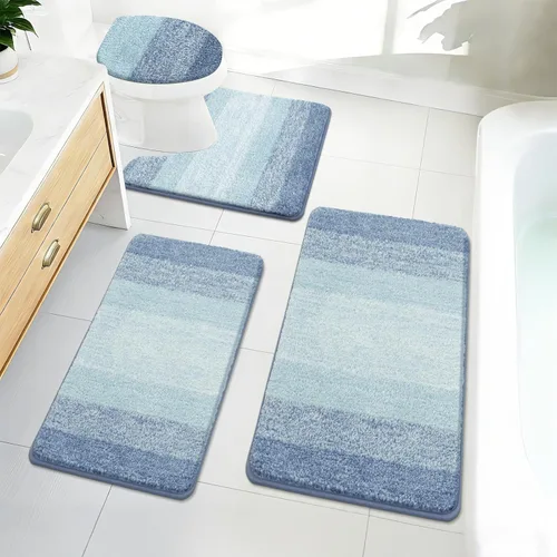Miniatura 35 de Bsmathom Juego de 4 alfombras de baño, alfombras de baño de microfibra suave y absorbente con alfombra de contorno en forma de U para inodoro y Azul