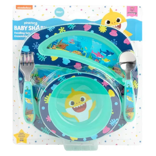 Miniatura 6 de First Years Baby Shark - Juego de vajilla para niños pequeños, incluye plato, cuenco, tenedor y cuchara, 4 unidades, color azul