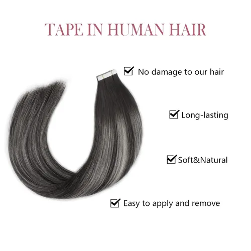 Miniatura 3 de Sixstarhair Extensiones de cabello humano con cinta adhesiva, balayage, color negro a plateado con cinta negra, 20 unidades, 1.76 onzas, extensiones