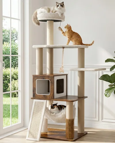 Miniatura 9 de Torre moderna de árbol para gatos de interior de 61 pulgadas, torre de escalada de lujo con salón de felpa, condominios para gatitos, hamaca