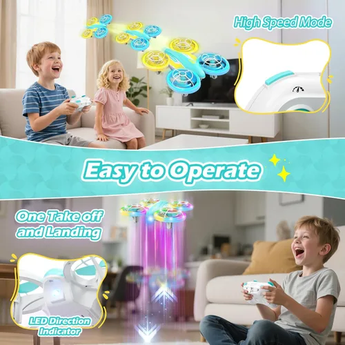 Miniatura 5 de Dron LED RC para niños de 6+, regalo de Navidad y cumpleaños para niños y niñas con baterías, mando a distancia, voltereta de 360°, modo de alta