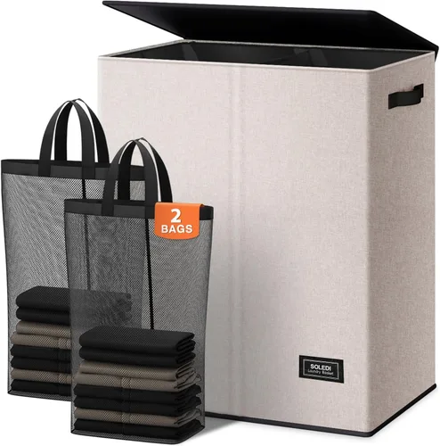 Miniatura 14 de SOLEDI Cesta de lavandería de lujo doble con tapa y bolsas removibles, cesta grande para lavandería, cesta de lavandería de 2 secciones, cesta