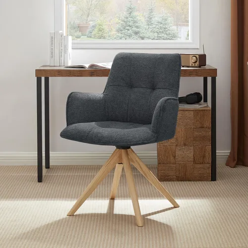 Miniatura 10 de Zouron Silla de escritorio giratoria sin ruedas, silla de oficina tapizada con patas de madera de roble, sillón moderno para espacios pequeños