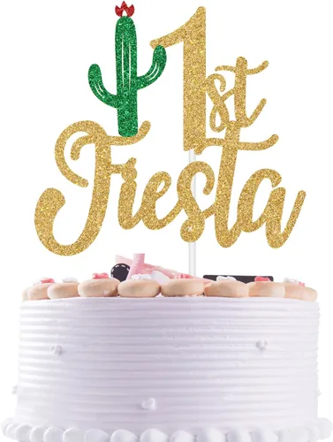 Decoración de pastel de fiesta con purpurina dorada, Uno/Taco Bout One/1st Fiesta, temática mexicana para el primer cumpleaños del bebé