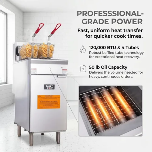 Miniatura 2 de Freidora de gas natural comercial de alta resistencia, freidora de gas de acero inoxidable de 4 quemadores de 120,000 BTU, capacidad de 50 libras