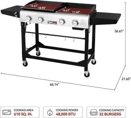 Miniatura 4 de Royal Gourmet GD401 - Parrilla y plancha de gas propano portátil con mesa auxiliar, 4 quemadores, patas plegables, versátil, uso exterior, negro 168