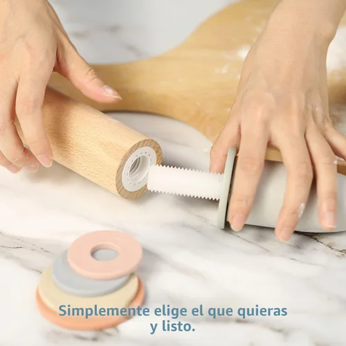 Miniatura 4 de Geesta - Rodillo de madera ajustable con 5 anillos de grosor, diseño de mango de prensa de rodillo de masa preciso con guía de medición para Western