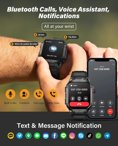Miniatura 3 de SOUYIE Reloj inteligente militar para hombre para responder/hacer llamadas, reloj inteligente deportivo al aire libre de 2.02 pulgadas con linterna