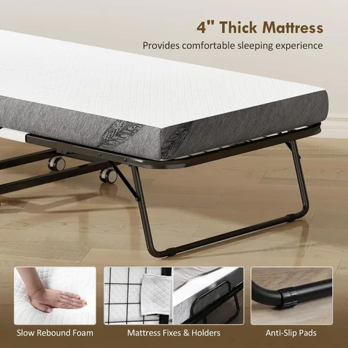 Miniatura 5 de HOMCOM Cama plegable con colchón para adultos, tamaño individual largo, cama plegable portátil con colchón de espuma de 4 pulgadas y marco de acero