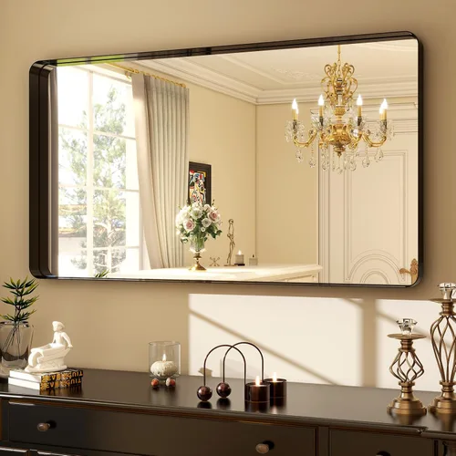 Miniatura 2 de Easly Espejo de baño negro de 48"x30" - Moderno espejo negro para pared con esquinas redondeadas, espejos de baño para tocador, espejo enmarcado