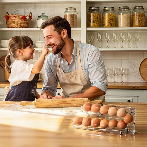 Miniatura 8 de Sotfamily Soporte para huevos para refrigerador, organizador de almacenamiento de huevos con ruedas automáticas para refrigerador, recipiente