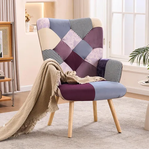 Miniatura 11 de Joysoul Silla decorativa para sala de estar, sillón moderno con respaldo alto, silla de tela de retazos bohemios, silla de lectura tapizada colorida