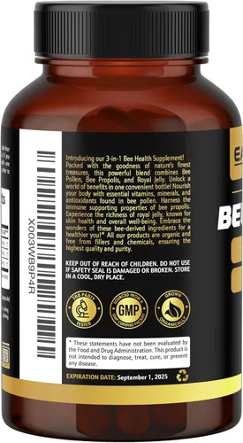 Miniatura 9 de Earth Elixir Cápsula orgánica de polen de abeja 3 en 1, sin OMG, polen de abeja puro crudo, jalea real, extracto de propóleo para mujeres y hombres