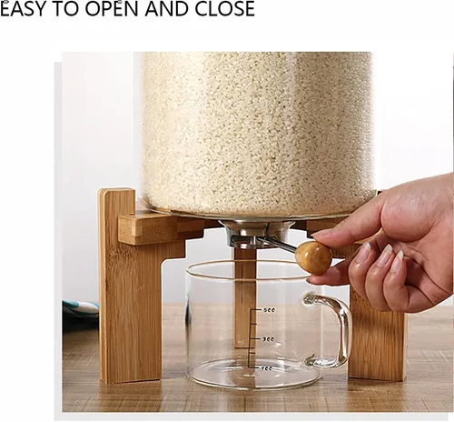 Miniatura 9 de Recipiente de harina y cereales, dispensador de arroz de 5 L, recipiente de almacenamiento de alimentos de vidrio con tapa hermética y soporte