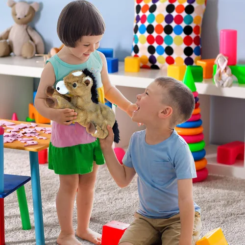 Miniatura 6 de DolliBu - Caballo de peluche negro suave y abrazable, adorable juguete de juego para niños y niñas, lindo regalo de animales de granja para niños