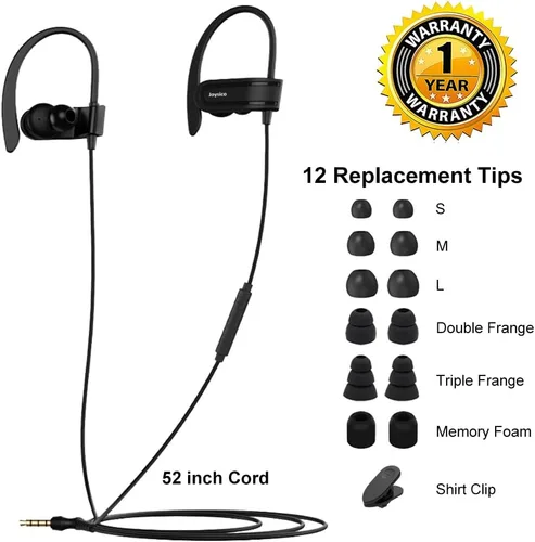 Miniatura 8 de Joysico - Auriculares con cable sobre la oreja con micrófono, control de volumen, gancho para la oreja y estuche, auriculares deportivos resistentes