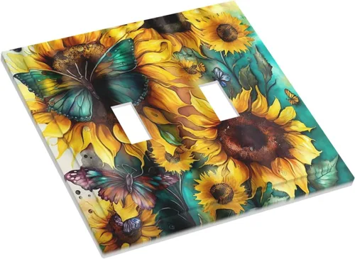 Miniatura 3 de Girasoles Amarillos Verde Azulado Mariposa Cubierta de Interruptor de Luz de Doble Palanca Decorativa Placa de Pared de 2 Gang Rústica Botánica