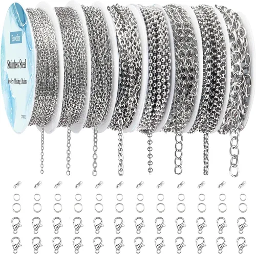 Miniatura 10 de Cadenas de collar para fabricación de joyas, 78.7 pies, 10 rollos de cadenas de joyería de acero inoxidable para hacer collares, pulseras, joyería