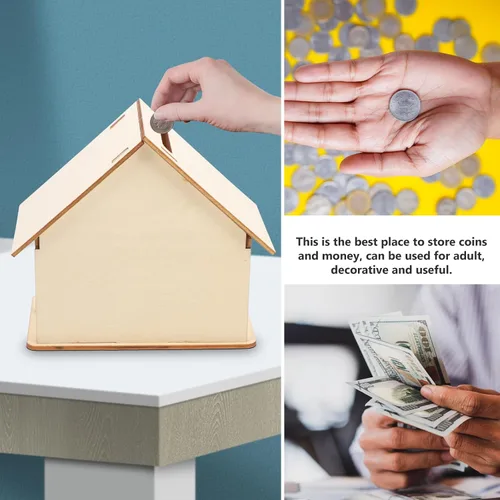 Miniatura 7 de Kisangel 5 alcancías de madera sin terminar, caja de ahorro de casa pintable con tapón de goma inferior, juguetes educativos de manualidades