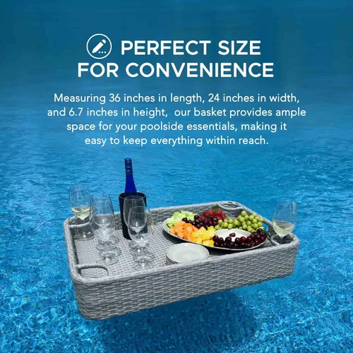 Miniatura 6 de SUNJOY Bandeja flotante de mimbre de 36 x 24 pulgadas. Accesorio de piscina con marco de aluminio, bandeja flotante para servir bebidas, aperitivos
