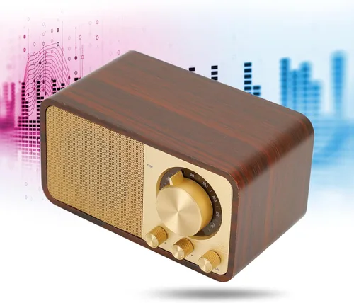 Miniatura 9 de Altavoz BT de madera retro vintage, radio AM FM portátil recargable con reproducción AUX/USB/TF, radio retro recargable para cafeterías