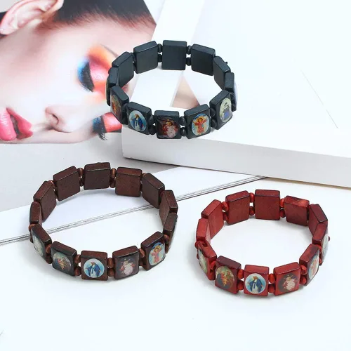 Miniatura 5 de yantu Pulsera elástica de panel pequeño de madera extraíble con imágenes de santos religiosos, Jesús y rosario, Madera
