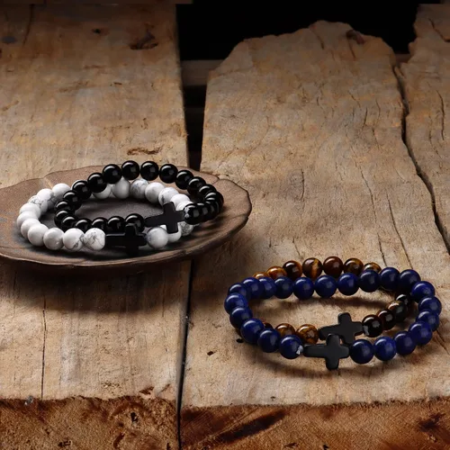 Miniatura 4 de sailimue 8 pulseras de cuentas cruzadas para mujeres y hombres, 0.315in, ojo de tigre, piedra de lava, piedra de roca de lava, elástica, juego