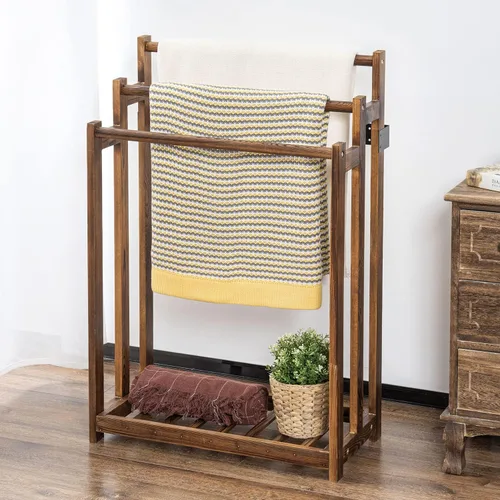 Miniatura 6 de MyGift Toallero de pie, estante de madera de 3 niveles, soporte de secado de toallas de baño, soporte para manta con estante inferior