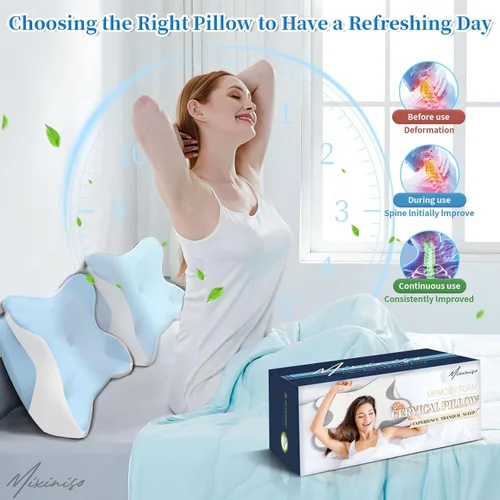 Miniatura 8 de Almohada de espuma viscoelástica cervical para alivio del dolor de cuello - Almohada ergonómica con contorno para dormir de lado, espalda y Azul