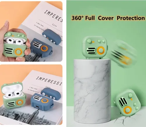 Miniatura 4 de KAIJIA - Bonita funda para Apple AirPods 3ª generación 2021 con llavero, divertido diseño de radio retro de dibujos animados en 3D, funda protectora
