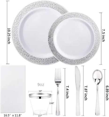 Miniatura 2 de WELLIFE 350 piezas de vajilla desechable de plástico plateado, incluye: 50 platos de cena, 50 platos de postre, 50 vasos, 50 servilletas enrolladas