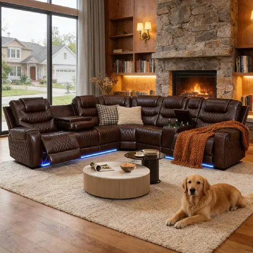 Miniatura 13 de Juego de sofá modular reclinable eléctrico con LED, juegos de muebles de sala de estar, sofá reclinable de cuero para sala de estar/cine en casa