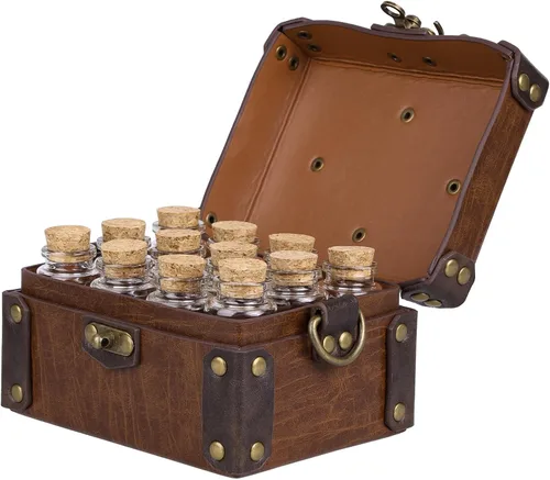 Miniatura 7 de HiiFeuer Caja medieval de alquimia de piel sintética con 12 viales de poción de corcho, bolsa cruzada portátil de fantasía, soporte para joyas