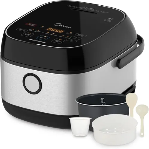 Midea Olla arrocera de 3 litros con cesta de vapor, capacidad de 6 tazas sin cocer, calefacción por inducción y tecnología de lógica difusa, inicio
