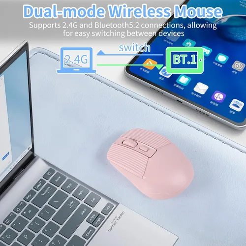 Miniatura 3 de Ratón inalámbrico Bluetooth silencioso recargable ergonómico portátil ratón óptico, modo dual, carga tipo C, con receptor USB 2.4G, para PC, Rosa
