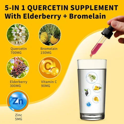 Miniatura 3 de Quercetina liposomal con gotas líquidas de bromelina para Kis & Aldult- mayor absorción, suplementos de quercetina 700 mg con bromelina saúco zinc