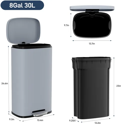 Miniatura 2 de Arlopu Cubo de basura de 8/13.2 galones, cubo de basura de acero inoxidable, cubo de basura de cierre suave con cubo interior de plástico extraíble