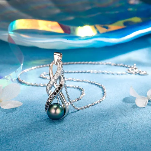 Miniatura 4 de NONNYL Regalos para esposa, aniversario, collar de perlas para mujer, color negro tahitiano, 0.354-0.394 in, calidad AAAA, perlas naturales