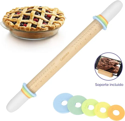 Miniatura 8 de Geesta - Rodillo de madera ajustable con 5 anillos de grosor, mango de rodillo de masa preciso con diseño de prensa y guía de medición para hornear