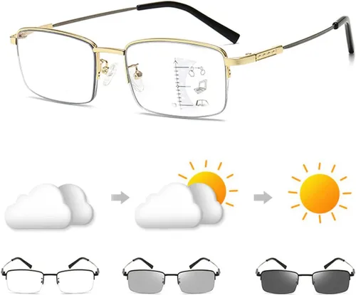 Miniatura 8 de Gafas de lectura fotocromáticas progresivas multifocal, bloqueo de luz azul, rectangular, marco de metal, bloqueo UV, lectores solares AM10