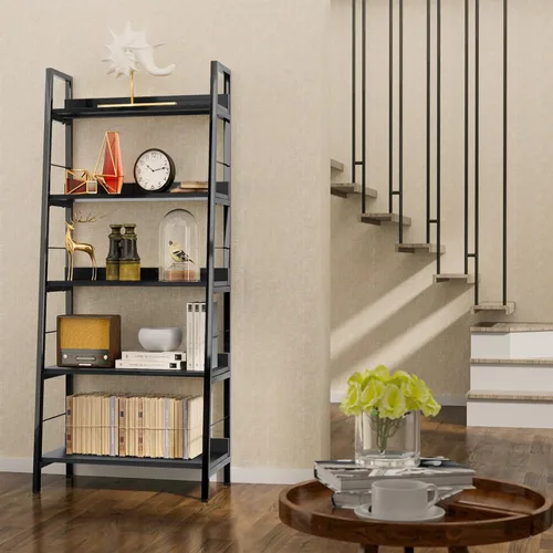 Miniatura 2 de BATHWA Estantería para libros de 5 niveles, estantería industrial de madera abierta y metal, estante de escalera de madera de 59 pulgadas de alto