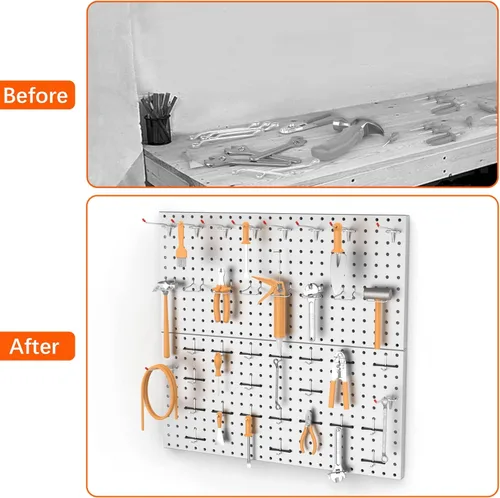 Miniatura 8 de TORACK Organizador de herramientas de pared de metal de 24 x 24 pulgadas o 12 x 48 pulgadas, 70 piezas de tablero de clavijas de almacenamiento