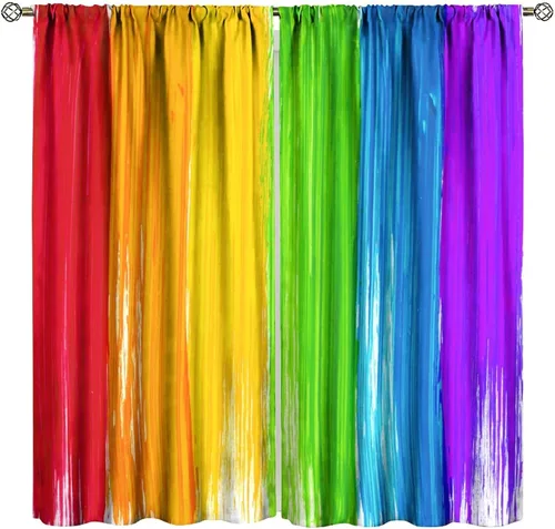 Miniatura 40 de Cortinas opacas abstractas de arco iris, pintura de color arcoíris con gotas, diseño gráfico creativo con bolsillo para barra, para sala de estar