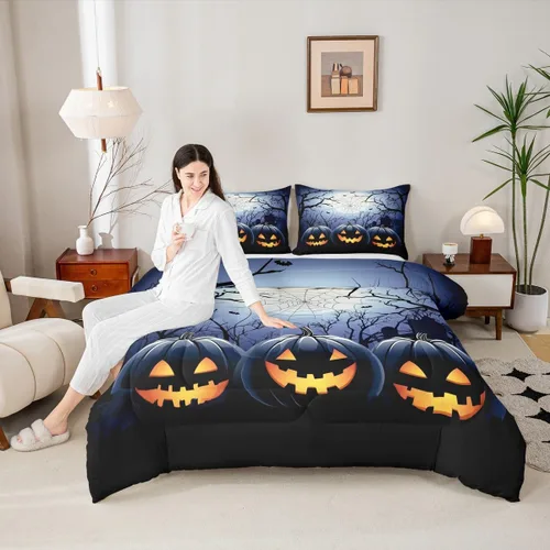 Miniatura 2 de Juego de ropa de cama con diseño de araña fantasma, tamaño individual, para niños y niñas, con temática de truco o trato, juego de edredón de feliz