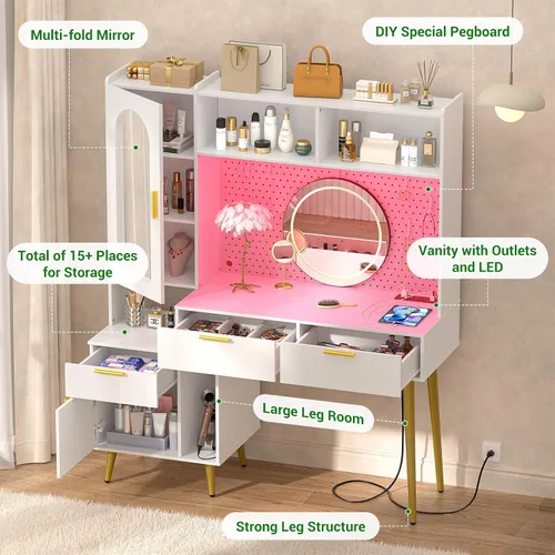 Miniatura 3 de Armocity Tocador de maquillaje de 48 pulgadas con aparador, tocador de dormitorio blanco con estación de carga y LED, mesa de tocador alta
