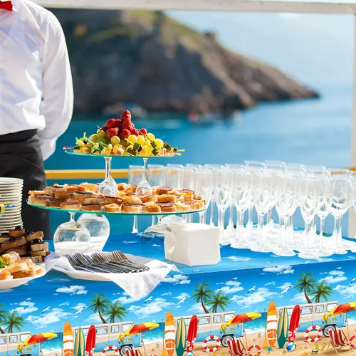 Miniatura 3 de 3 manteles de playa de verano, fundas de mesa temáticas de playa, decoración de mesa temática de cumpleaños hawaiano para verano, piscina, surf