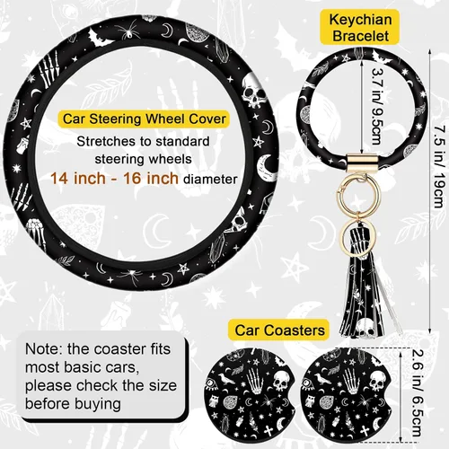 Miniatura 7 de Juego de 4 piezas de accesorios para auto con estampado de lunas negras y estrellas blancas, funda para volante con estampado de lunas negras