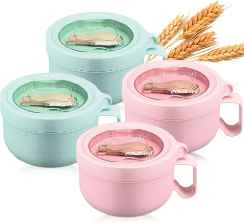 Miniatura 9 de Maxdot 4 piezas de tazón para microondas de ramen, tazones de sopa instantánea aptos para microondas con tapas, tazones grandes de sopa con asas